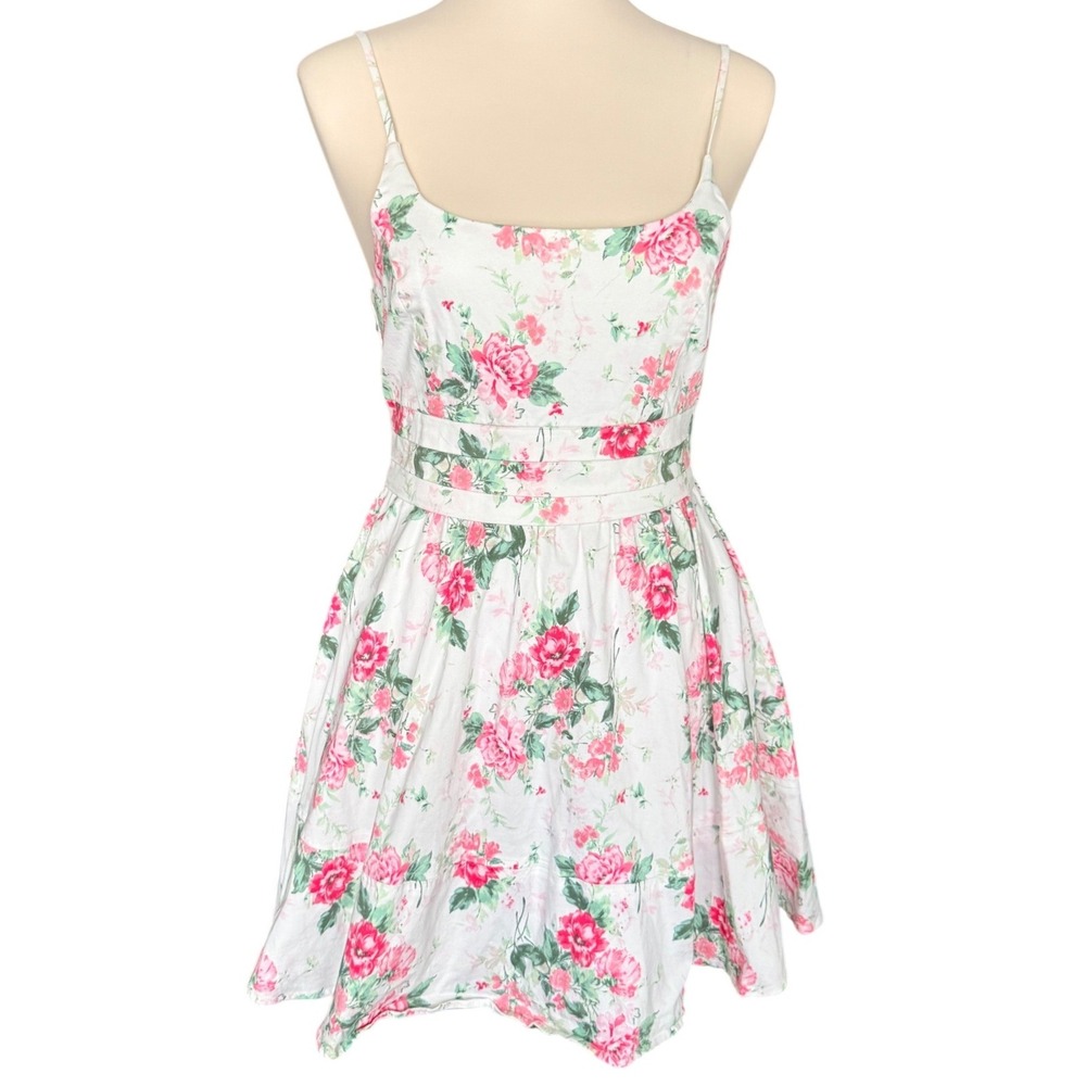 Mi Ami Pink Floral Rose Print Mini Dress White Sleeveless Tie Back Pockets‎ S